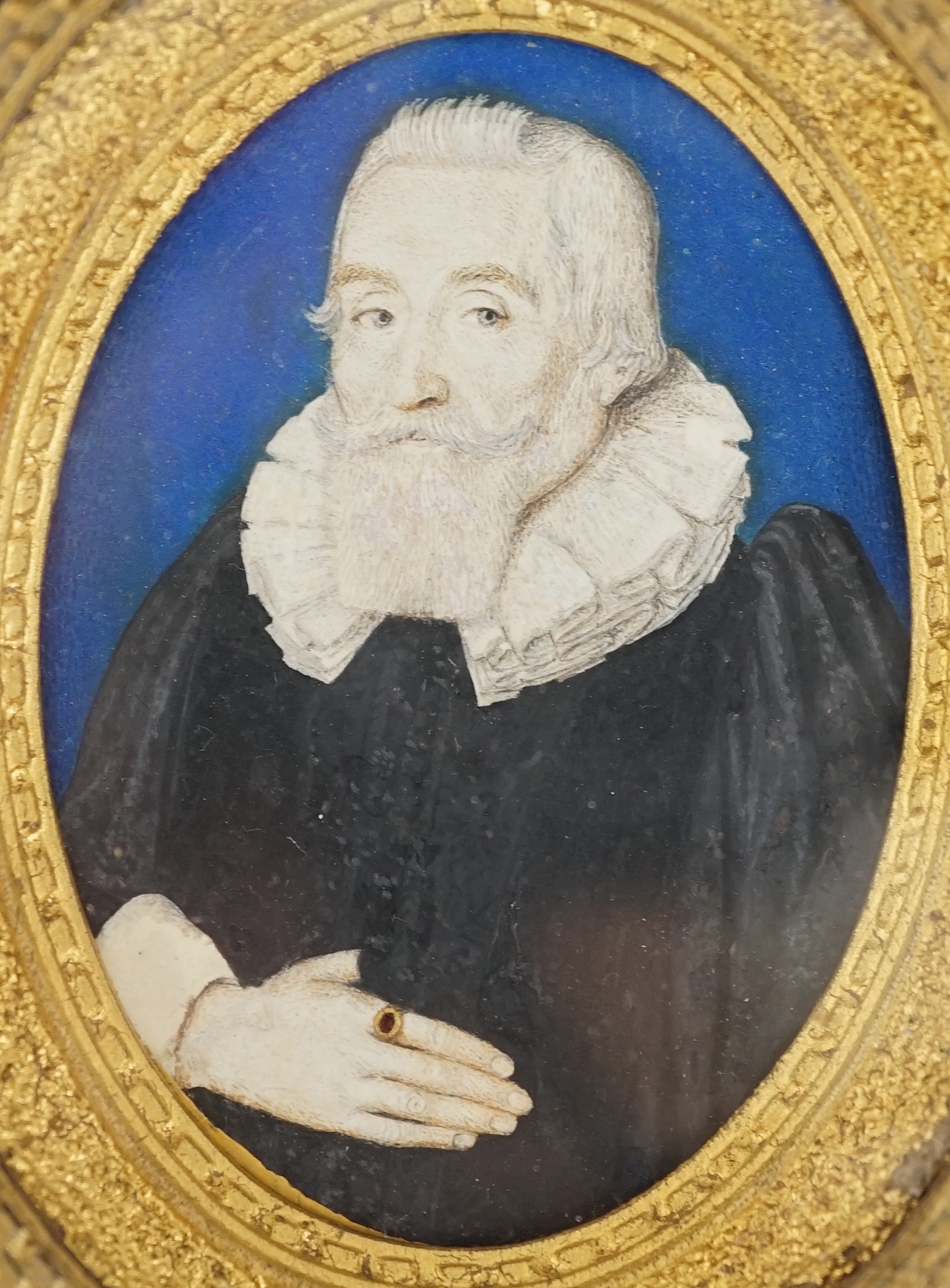 Attributed to Edward Norgate (British, 1581-1650), Portrait miniature of John Harrison Senior (1552-1628), watercolour on vellum, 5.7 x 4cm.